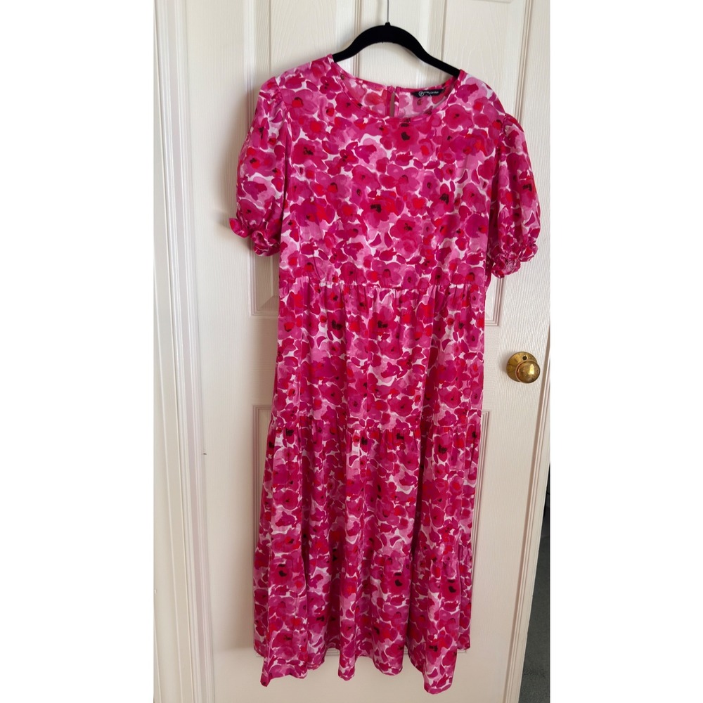 PrettyGarden Womens Pink Floral Tiered Midi Dress Short Puff Sleeve Size L